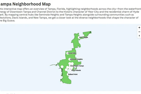 Interactive map of Tampa highlighting neighborhoods including Downtown Tampa, Ybor City, Hyde Park, Davis Islands, Channel District, Tampa Heights, Seminole Heights, Westshore, Palma Ceia, Ballast Point, New Tampa, Forest Hills, Harbour Island, and Courier City
