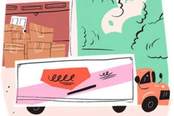 an illustration of a moving trucked parked in a driveway. There are stacked cardboard boxes in the background
