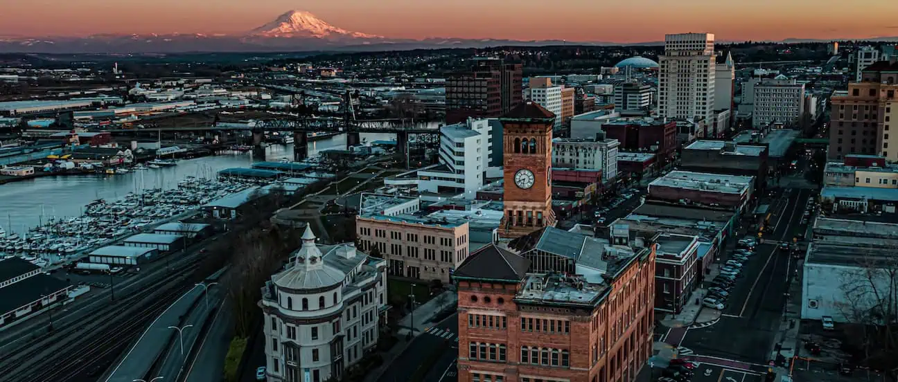 The skyline of Tacoma, WA at sunset