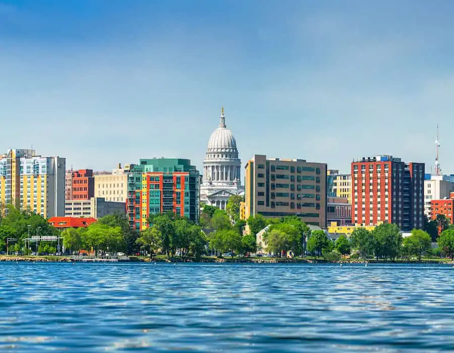 Madison, Wisconsin, USA downtown skyline on Lake Monona.