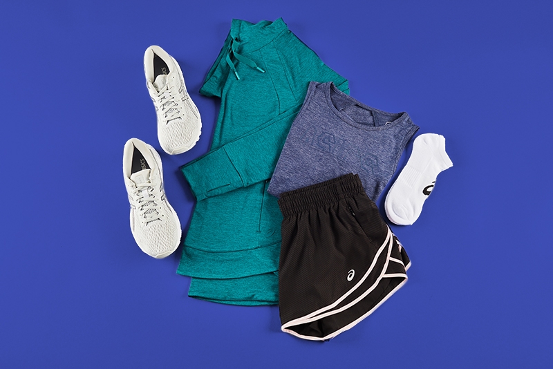 running outfit including shorts, sneakers, socks, t-shirt, and sweatshirt