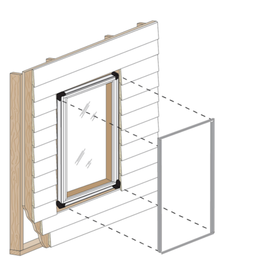 a demo image displaying how to install a window into a home using full-frame installation.