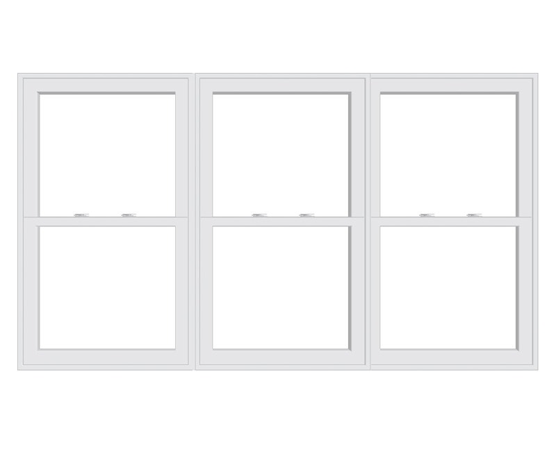three mulled Encompass by Pella white vinyl double-hung windows
