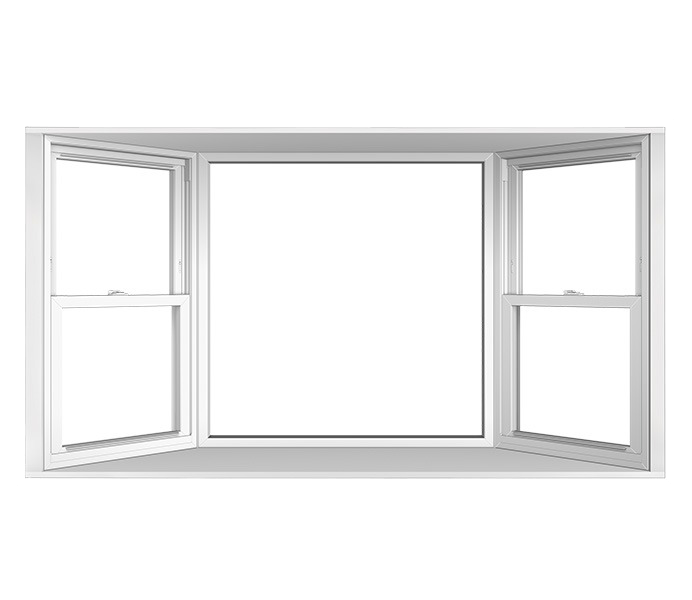 A white three-panel bay window with two side openings, showcasing a modern design.