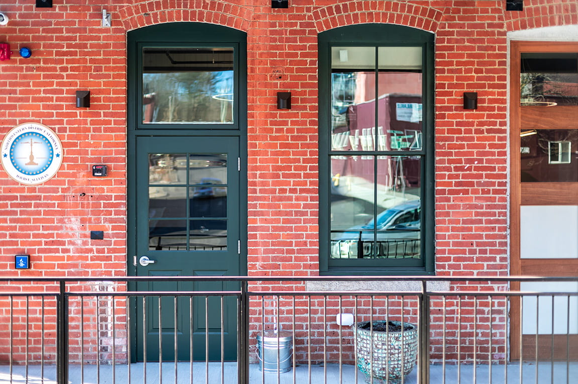 Closeup of Greenfield's Abercrombie building showing off newly installed Pella windows and door.