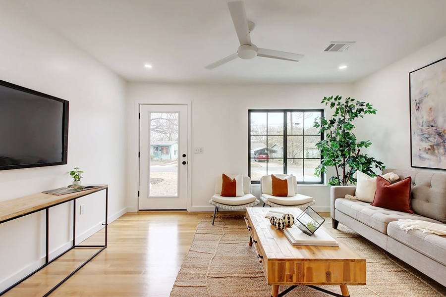 Interior image of a Windsor Park home with newly installed Pella black windows.
