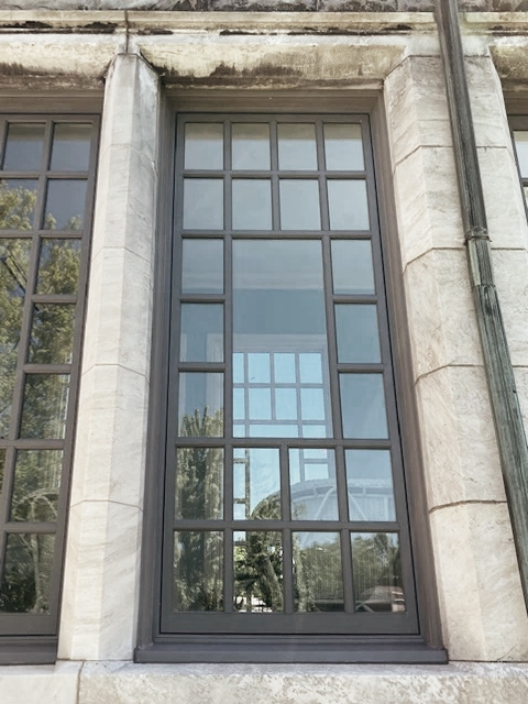Closeup view of newly installed wood windows on Glamorgan Castle