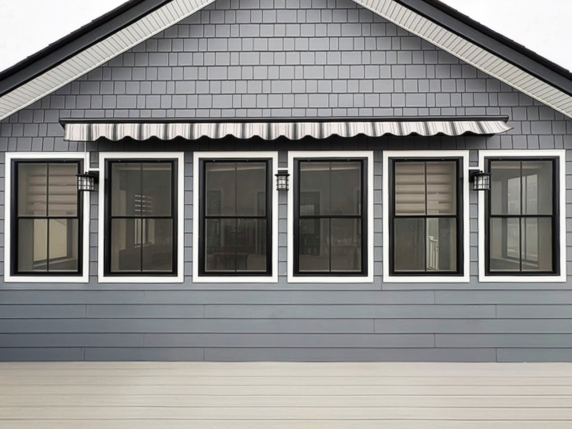 Gray home exterior featuring black‑framed windows with white trim and a metal awning.