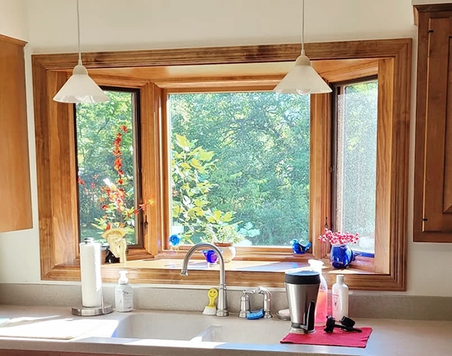 Yellow Springs kitchen with newly installed Pella bay window.