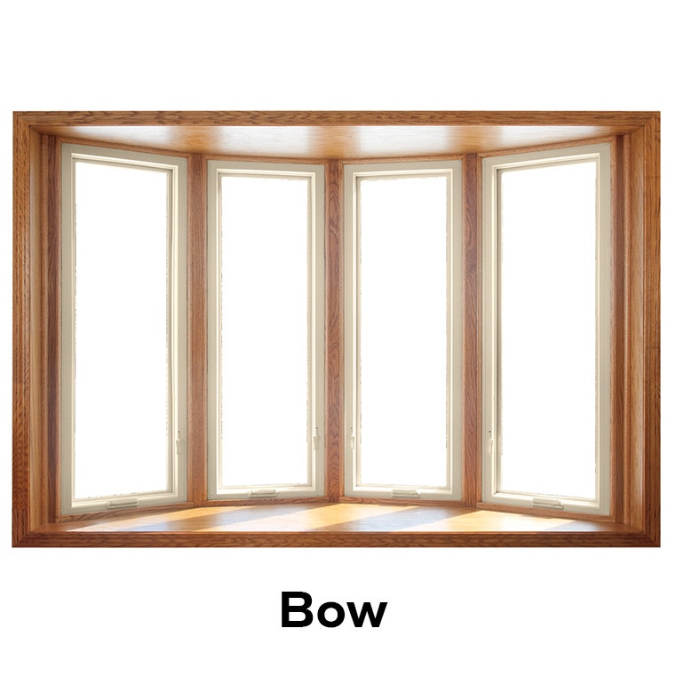 A wooden interior bow window with four panes, allowing natural light to illuminate the space.