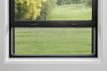 The integrated rolscreen is shown on a single black double-hung window that's open.