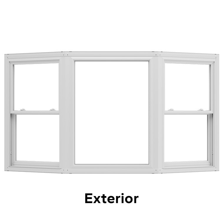 A white exterior bay window featuring three windows, ideal for enhancing natural light.