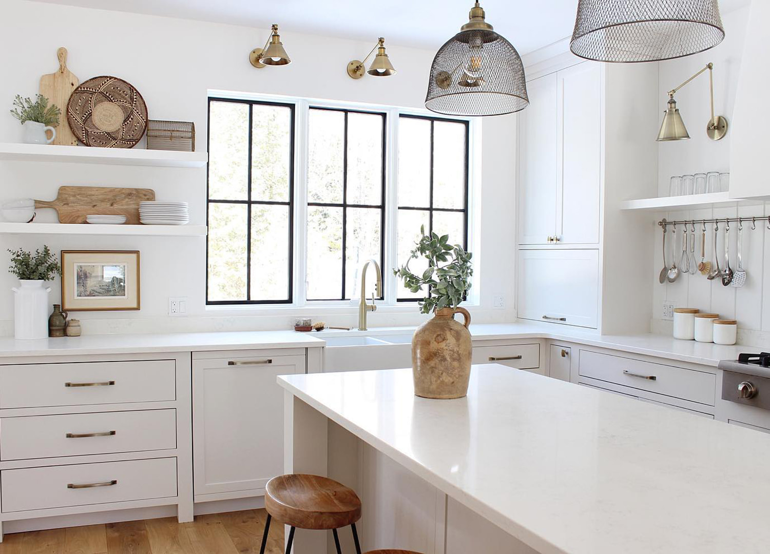 Rustic Modern Kitchen Features Black Windows with Grilles