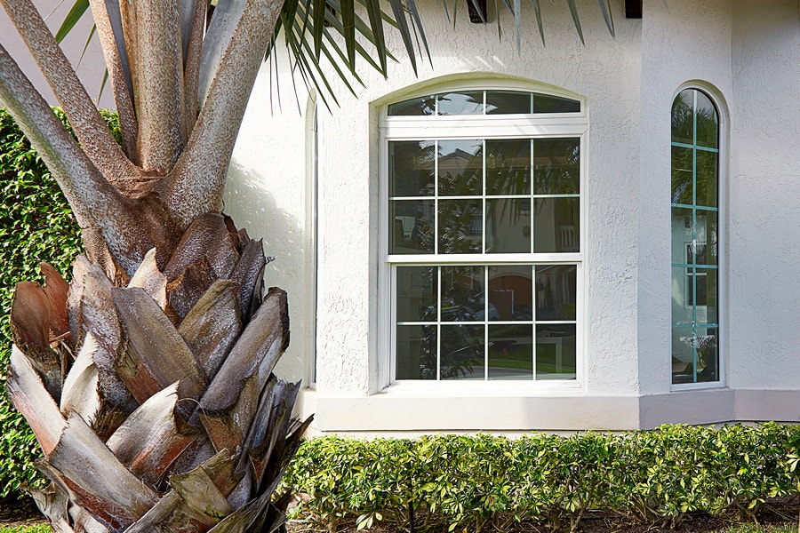 White home with white framed window and grilles and a palm tree
