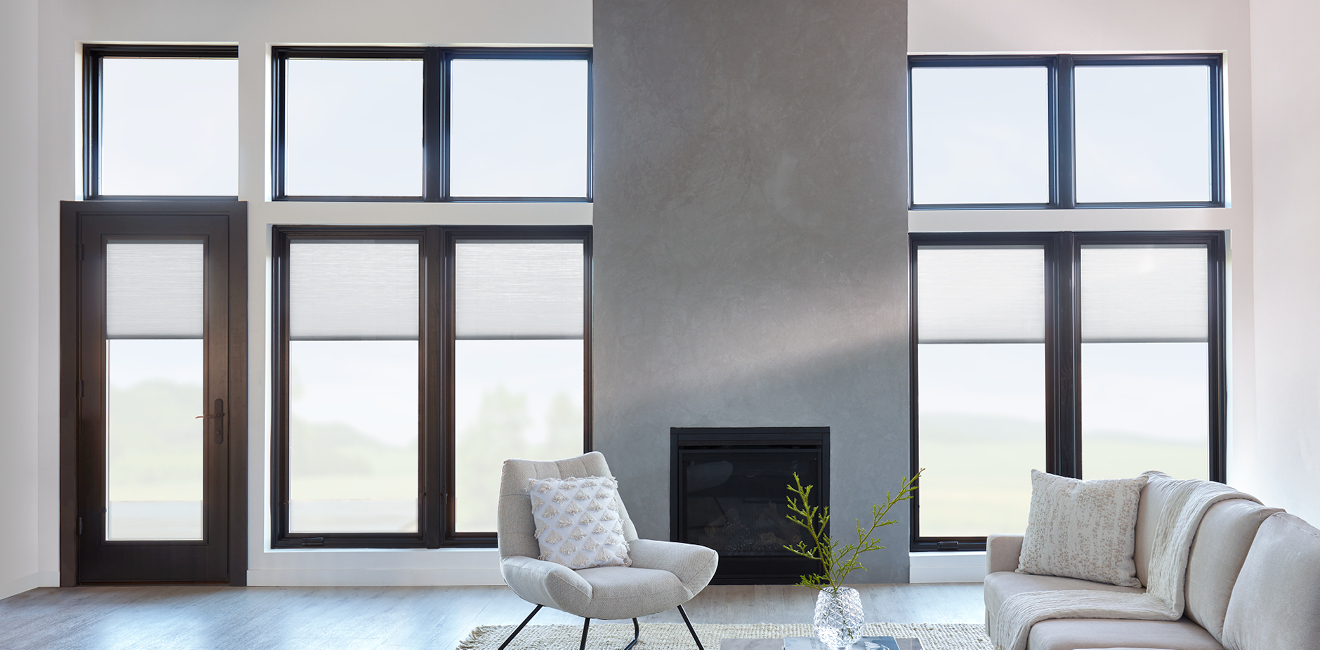 living room with lifestyle series windows and hinged door