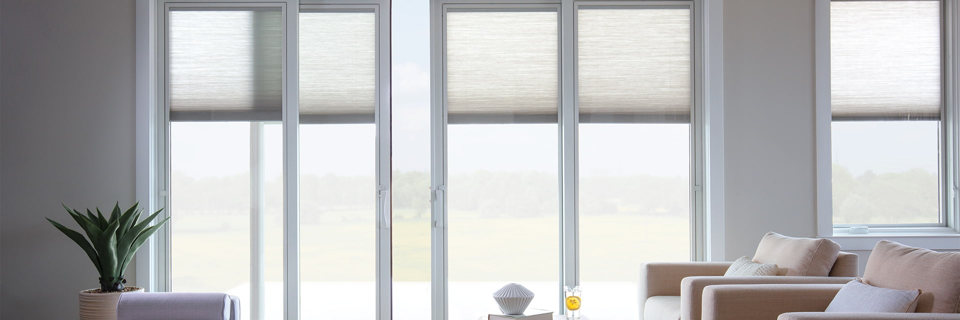A four-wide wood sliding patio door with blinds-between-the-glass