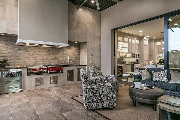 Modern kitchen in Amarillo home with sliding fiberglass doors.
