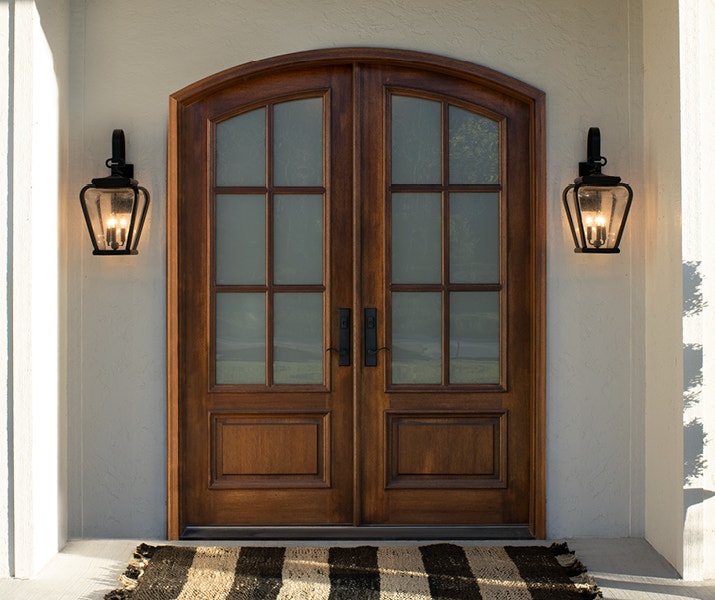 two-panel 3/4 light arched entry door wood exterior
