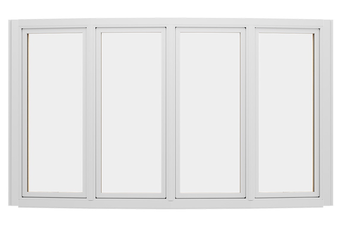 A modern white bow window featuring four large panes, ideal for enhancing natural light.