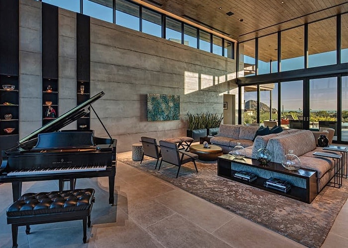 Scottsdale home renovation living room featuring a grand piano