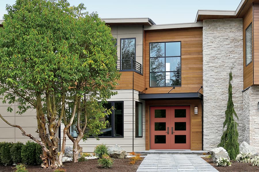 contemporary home exterior front door brick red color