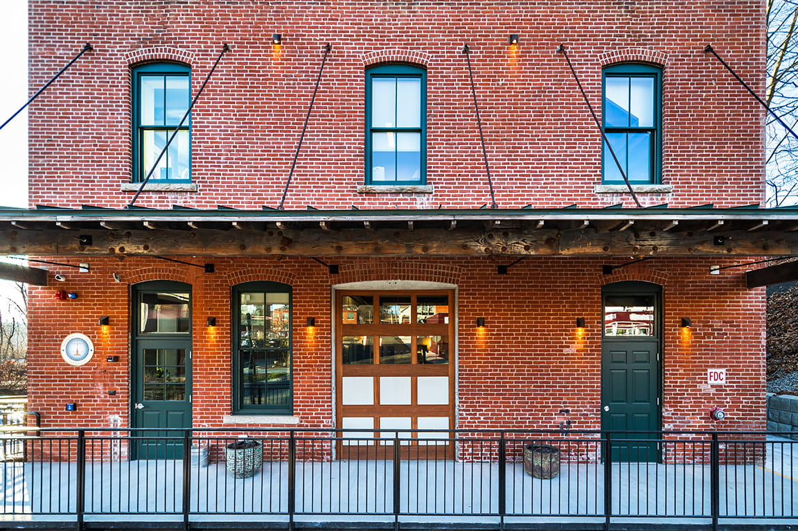 Clad wood windows and doors adorning the façade of the Abercrombie building.