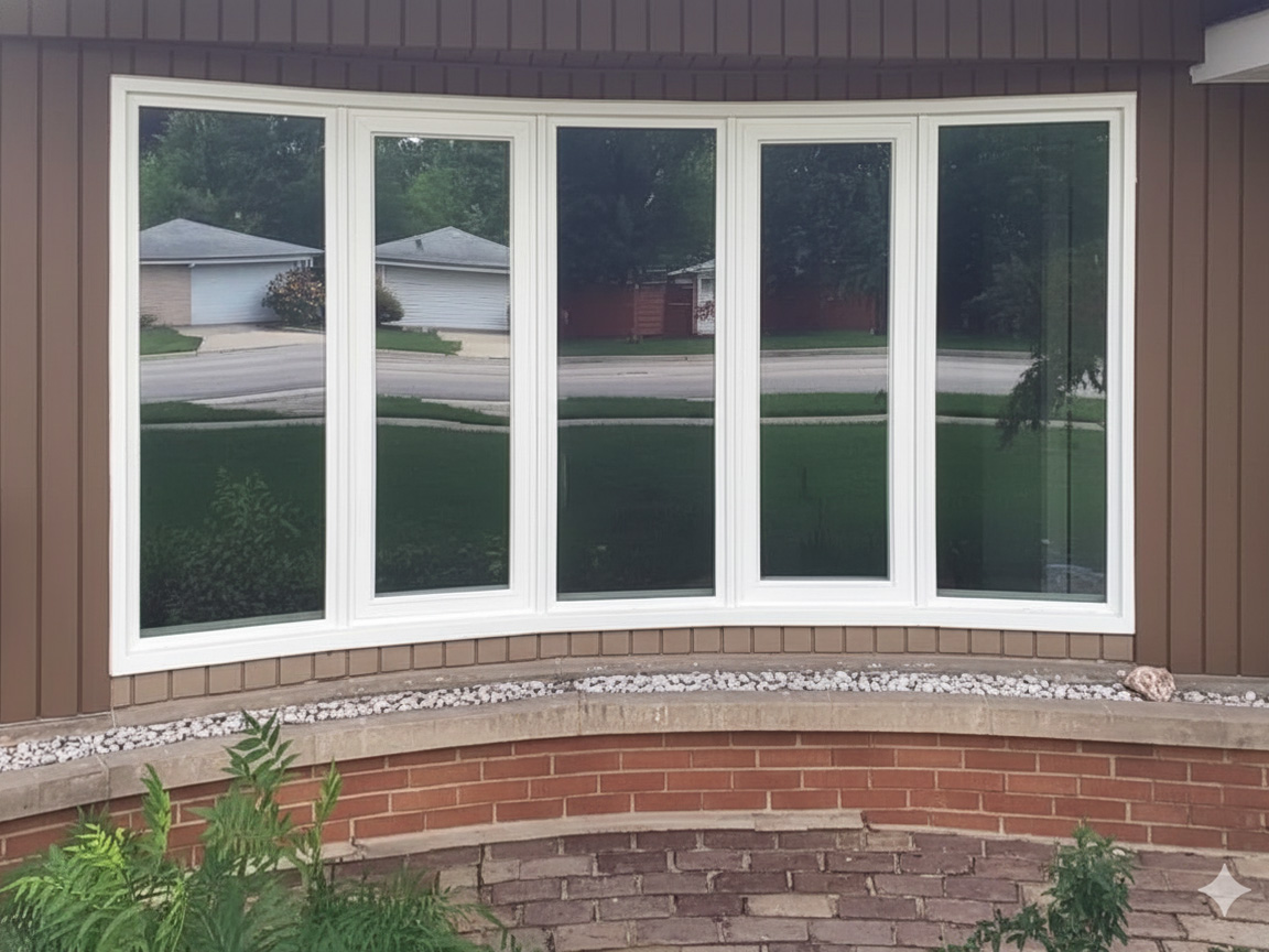 The exterior of a reverse bay window consisting of five vinyl windows with white trim, and the second and fourth windows vent.