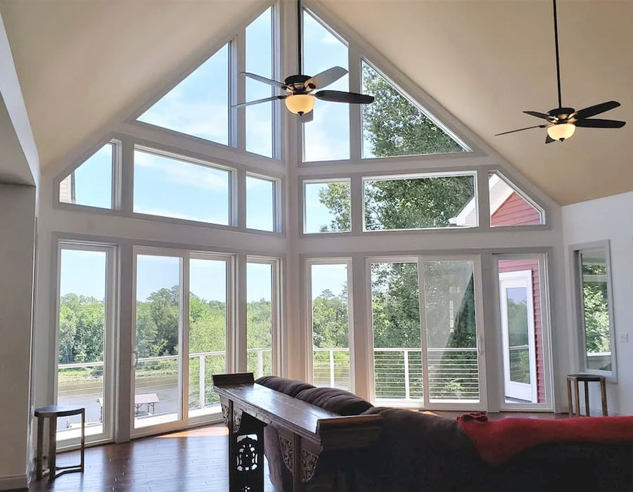 Indoor view of uniquely shaped windows in Midlothian home.