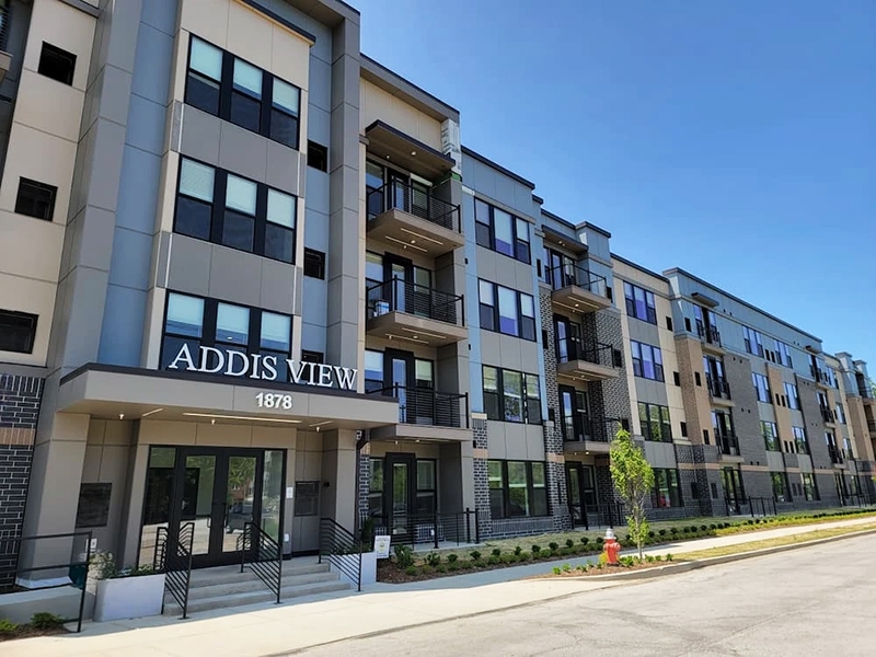 Addis View apartment complex in Cleveland sporting Pella black fiberglass windows.