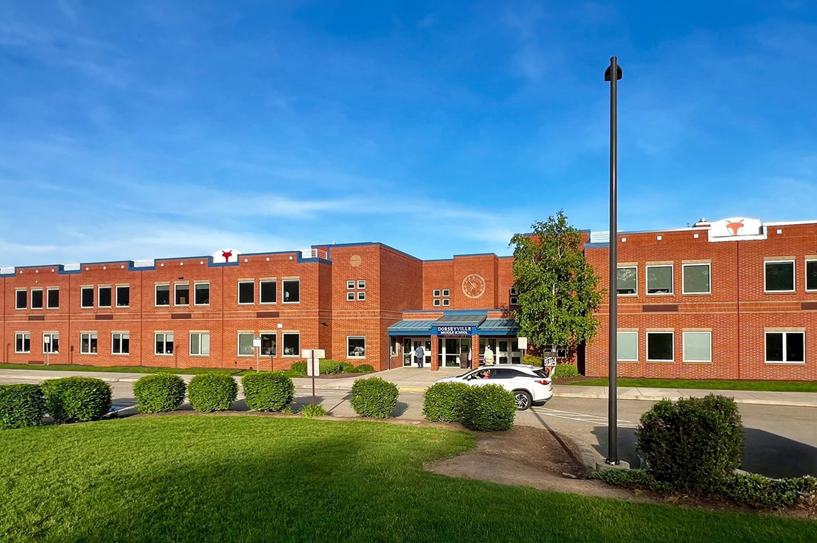 Exterior view of Dorseyville Middle School with new Pella windows. 
