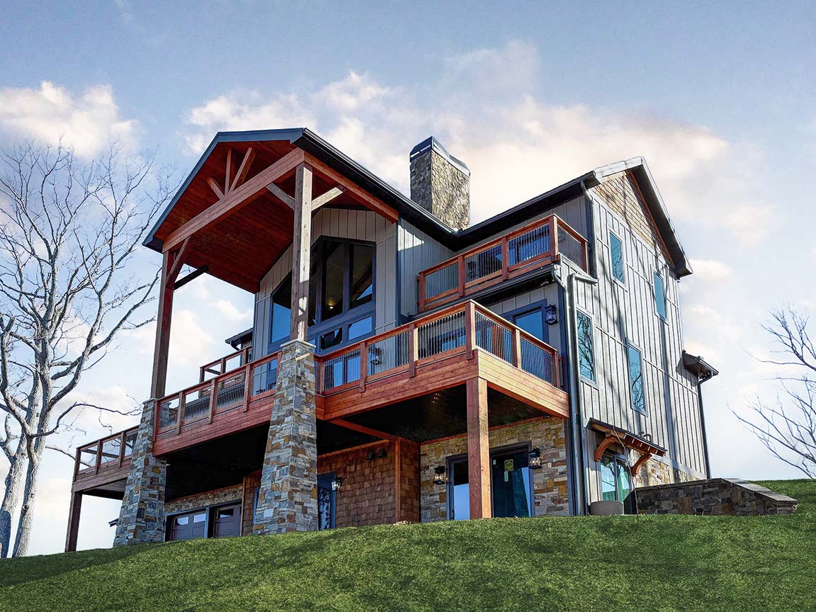 Modern mountain home with wood balconies and stone exterior.