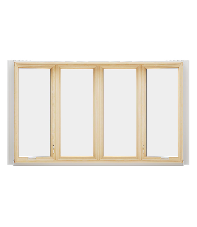 A wooden bow window featuring four panels with clear glass, ideal for natural light.