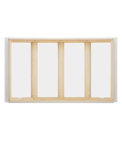 A wooden bow window featuring four panels with clear glass, ideal for natural light.