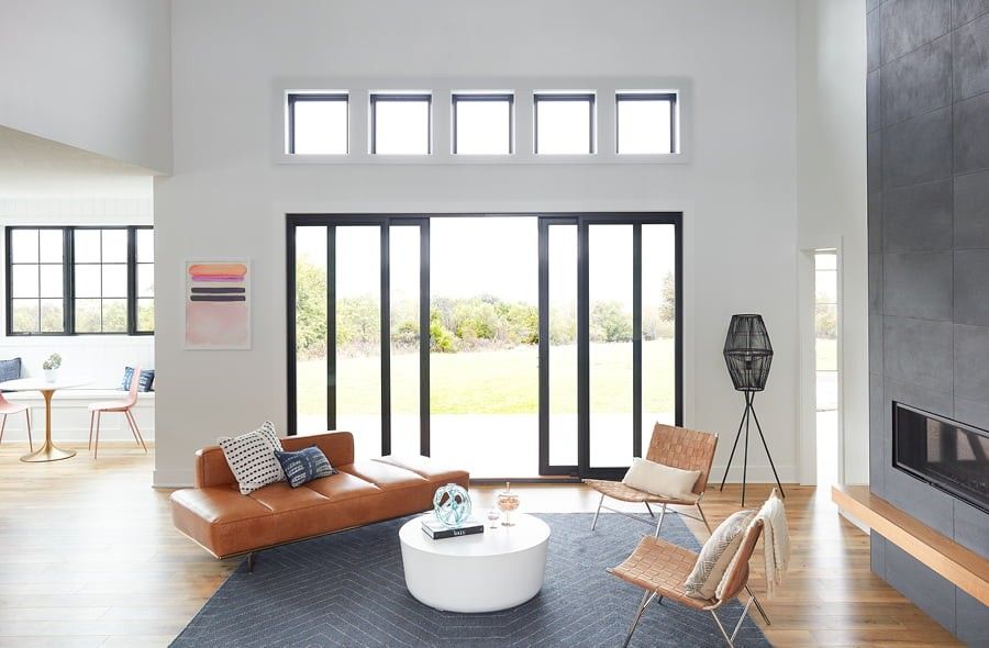 Modern living room with black sliding patio door