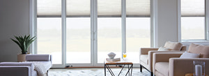 four-panel white sliding door with blinds-between-the-glass
