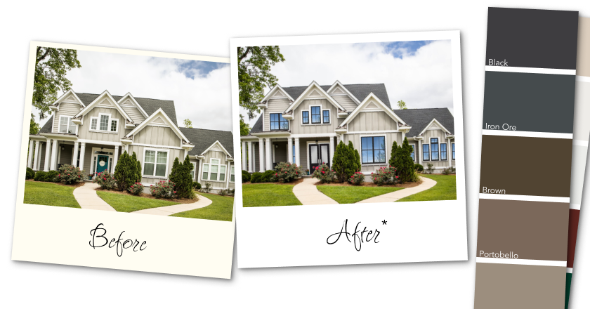 DesignWorks White House before and after windows and doors with an attached paint swatch