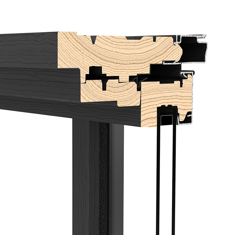 A detailed cross-section of a black wood window frame showcasing its layered construction.