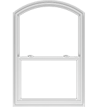 A vinyl single-hung window with an arched head, creating a curve-top look.