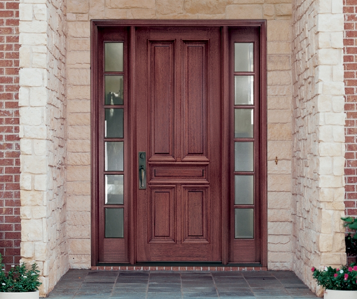 six panel traditional wood front door full light sidelights