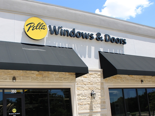 the exterior sign at the Pella showroom of Frisco, Texas.