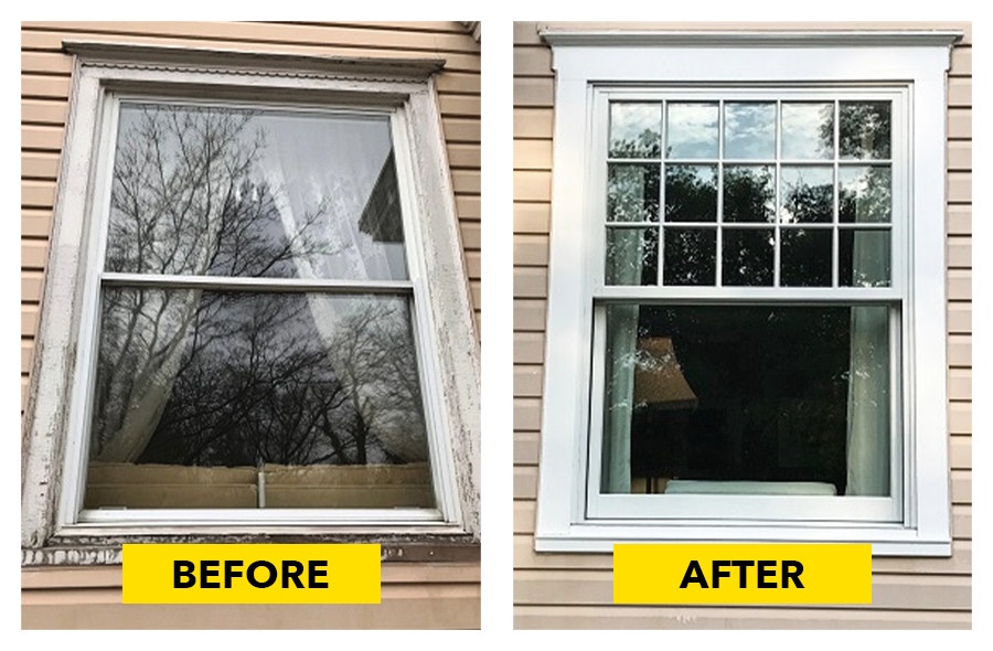 Before and after image of replacement double-hung windows