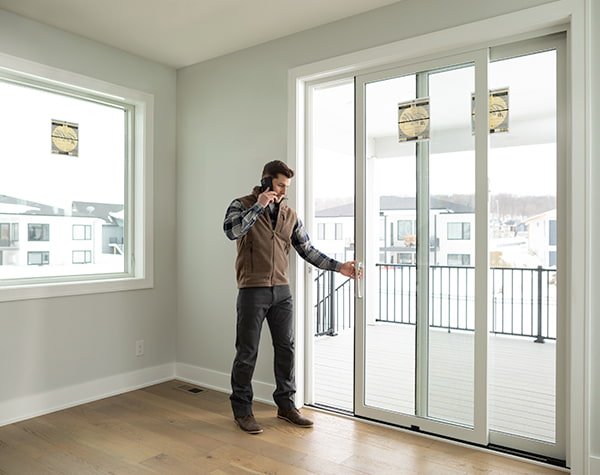 A Pella contractor is adjusting a new sliding patio door while talking on his cell phone.