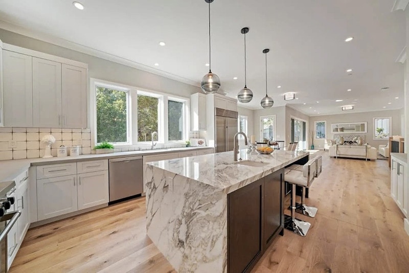 White Casement Windows Brighten Contemporary Kitchen Kitchen in new construction Hillsborough home highlighting casement windows.