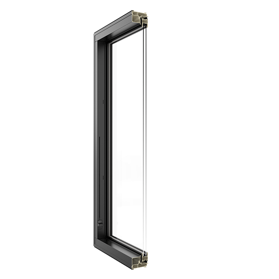 the cross section of a black fiberglass casement window
