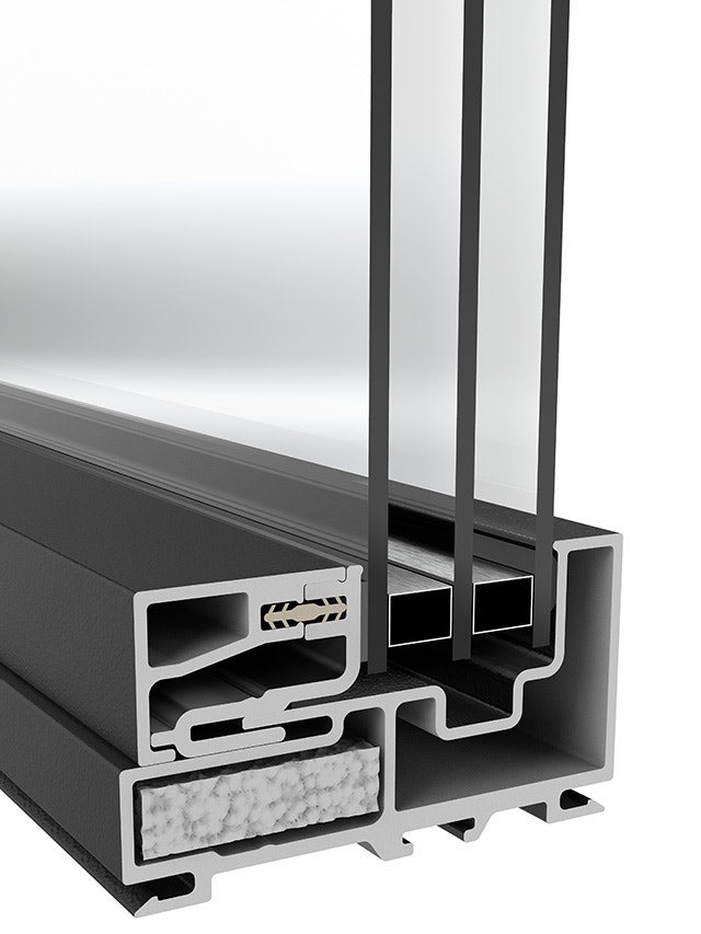 A detailed cross-section of bow windows featuring a black frame and multiple glass panes.