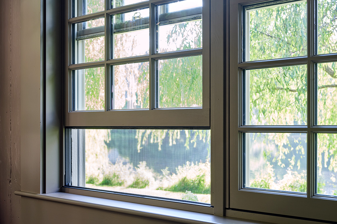 A traditional window with a view of lush greenery, featuring multiple panes and a wooden sill.