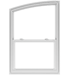 A vinyl single-hung window with a partial arch, creating a slight rise in the top frame of the window.