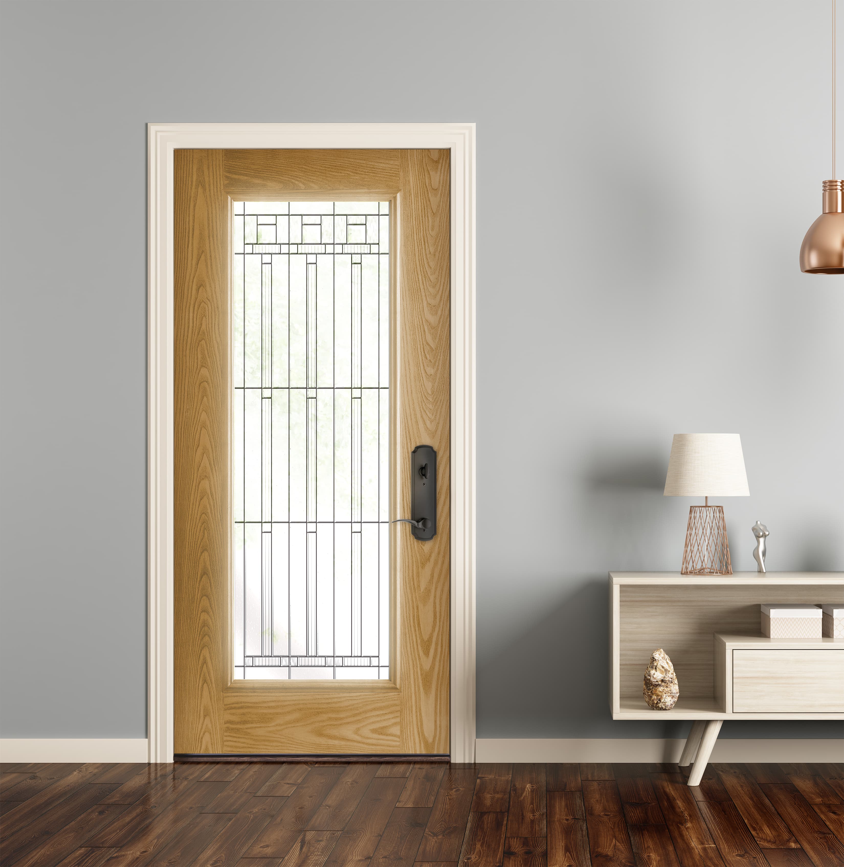 Wheat stain fiberglass door with contemporary glass and black hardware