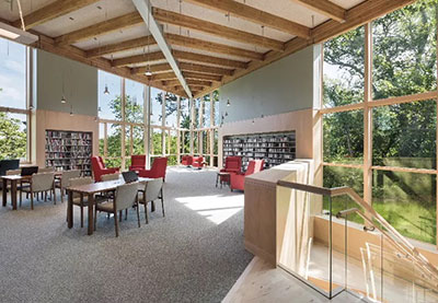 inside view of a window-lined library