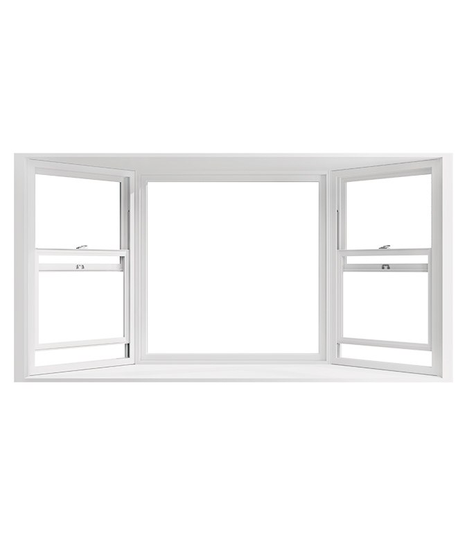 A white bay window with two open side panels, providing a clear view.
